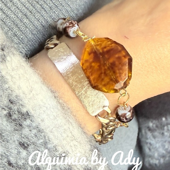 Curb chain link Amber and agate bracelet - Picture 1 of 5